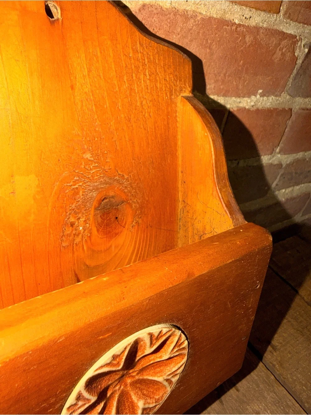 Rustic Wooden Wall Pocket Mail with Floral Medallion - Orange Wood Farmhouse